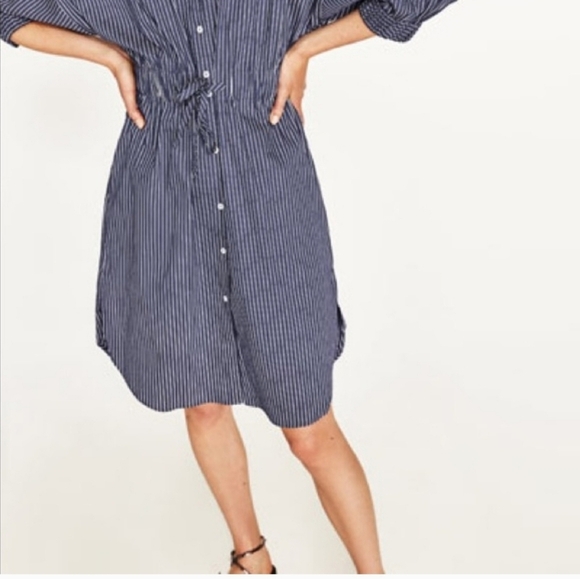 ZARA Preppy Shirt Dress long sleeve drawstring waist striped Size Medium - Picture 5 of 15